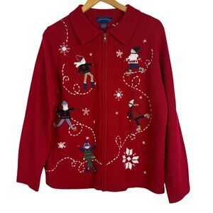 Vtg Charter Club Women’s XL Lambswool Zip Cardigan Sweater Ice Skaters Red Cozy